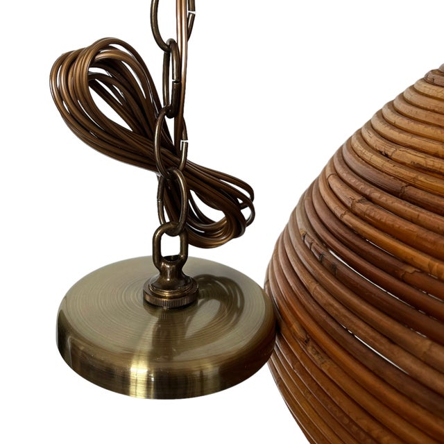 1960s Mid 19th Century Italian Pencil Reed Rattan & Burnished Brass Dome Pendant, C. 1960 For Sale - Image 5 of 11