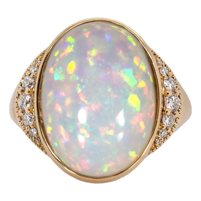 Statement 7.3cts Ethiopian Opal Ring W Natural Diamond Accents in 14k Solid Gold For Sale