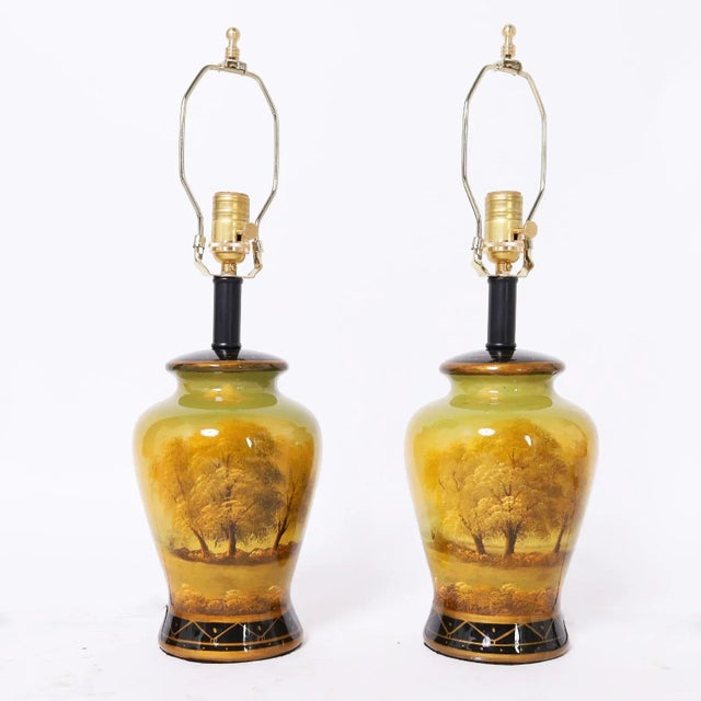 Pair of Antique Late 19th Century English Reverse Painted Table Lamps For Sale In West Palm - Image 6 of 6