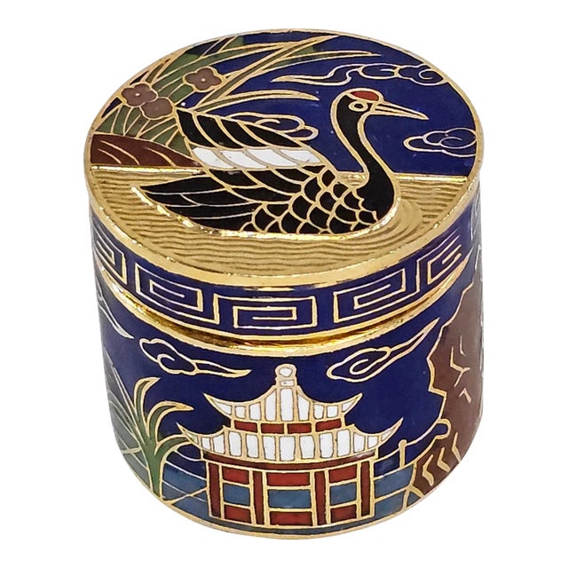 Vintage Cloisonne Enamel Miniature Trinket Snuff Crane Bird Lidded For Sale