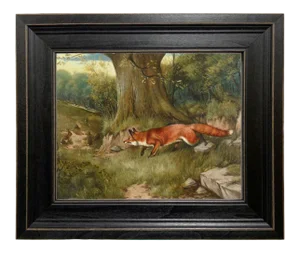"Fox Hunting Rabbits" Contemporary Reproduction Print on Canvas After J.A. Wheeler, Framed