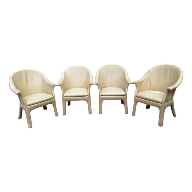 Vintage Budji Layug Style Leather and Rattan Barrel Chairs - Set of 4 For Sale