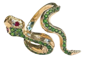 Bochic "Orient" Green Emerald & Red Ruby Serpent Ring In 18K Gold & Silver