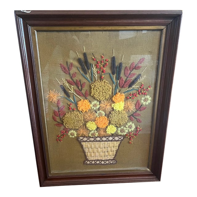 Framed Floral Crewel Needlework - Mid Century Hand Crafted For Sale