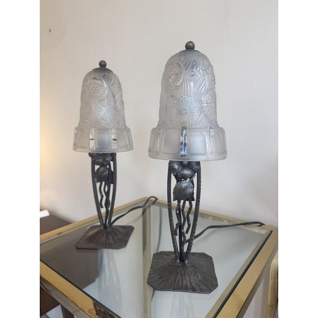Art Deco Lamps in Wrought Iron and Glass from Hettier-Vincent, 1929, Set of 2 For Sale - Image 3 of 18