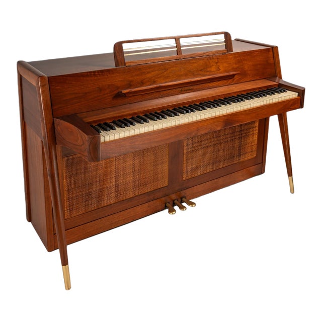 Rare Early Mid Century Modern Baldwin Acrosonic Piano in Walnut, Brass & Caning #759945, Usa, C. 1960s For Sale