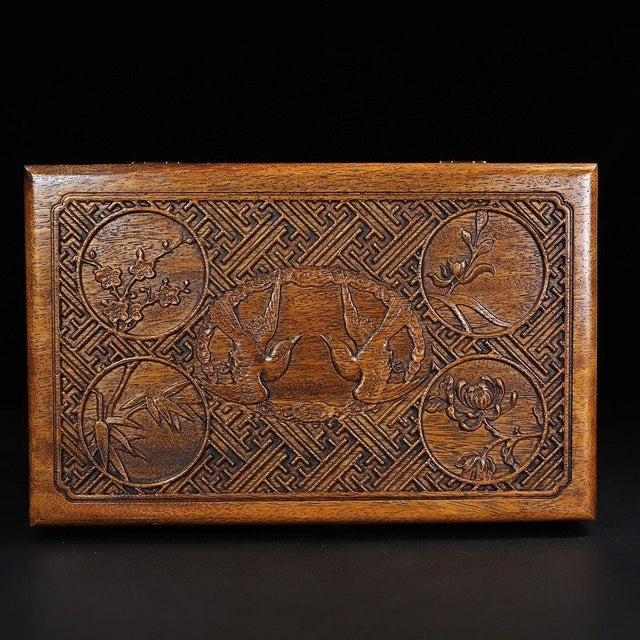 Wood Vintage Huanghuali Wood Carved Treasure Box – Lattice & Floral Motif For Sale - Image 7 of 9