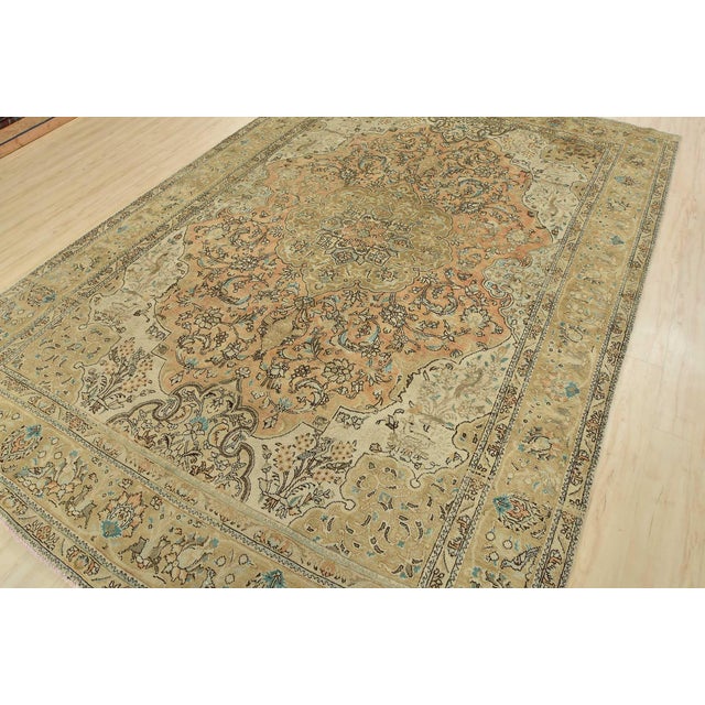 Farmhouse Tabriz Rug 8′ X 11’8” Peach Wool Vintage Distressed Hand-Knotted Carpet For Sale - Image 3 of 15