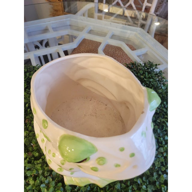 Ceramic Vintage Huge Palm Beach Regency Whimsical Green White Spotted Frog Ceramic Planter Cache Pot For Sale - Image 7 of 7