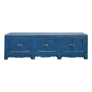Vintage Distressed Cerulean Blue Doors Low Tv Stand Console Table Cabinet For Sale
