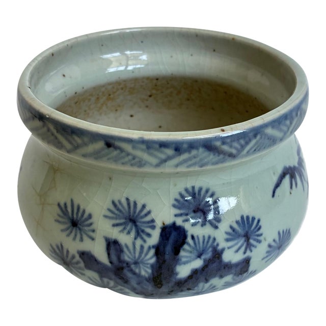 Antique Japanese Blue White Porcelain Chinoiserie Cachepot For Sale