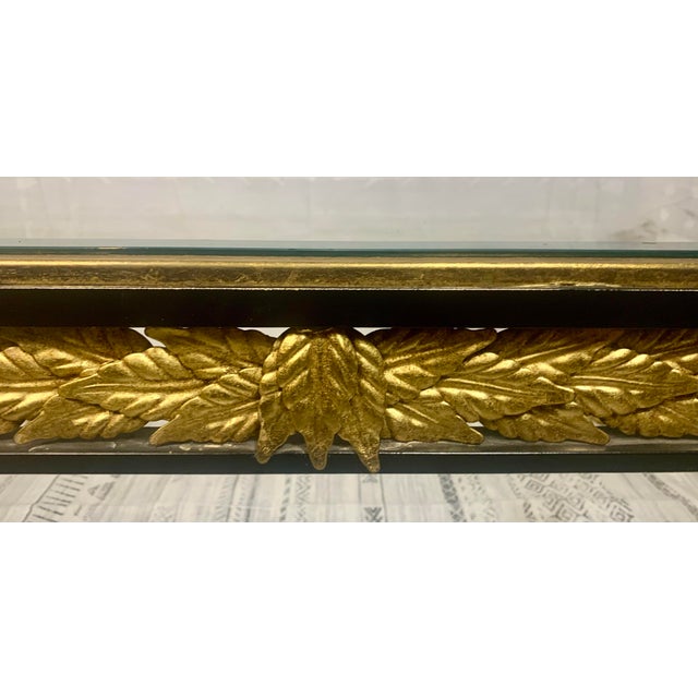 1950s Hollywood Regency Black Metal & Gilded Laurel Leaf Coffee Table With Beveled Glass For Sale - Image 9 of 10