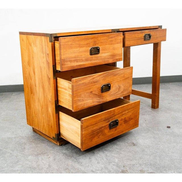 Wood Mid Century Modern Desk Office Campaign Wood Brass Trim 4 Drawer Vintage MCM For Sale - Image 7 of 12