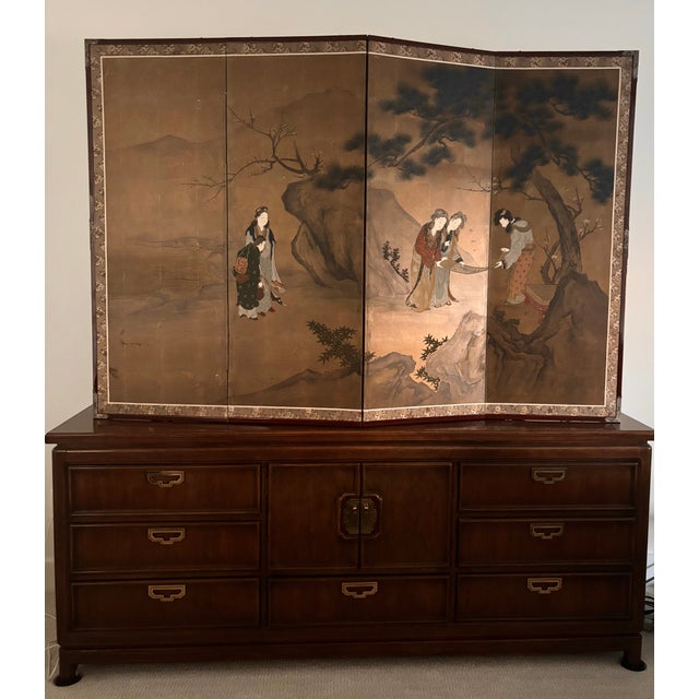 Wood Vintage Japanese Four-Panel Byōbu Screen Female Figures in a Garden Scene For Sale - Image 7 of 18