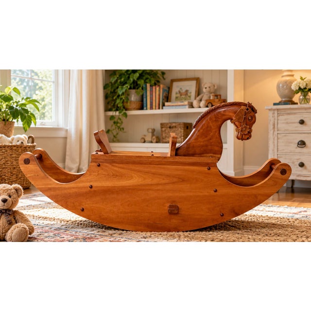 This beautifully handcrafted cherry wood rocking horse has an expressive face, a carefully carved mane, and leather ears...