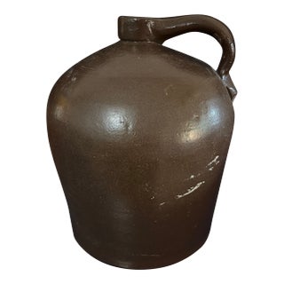 Brown Antique Salt Glaze Crock Jug W/Handle For Sale