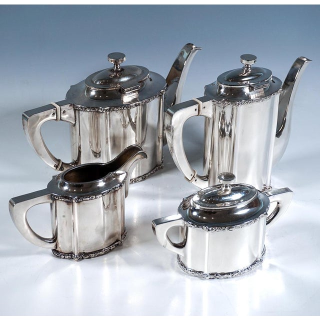 Metal Art Nouveau Silver Coffee & Tea Set on Tray, 1890s, Set of 5 For Sale - Image 7 of 14