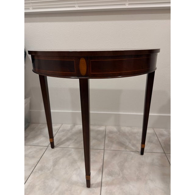 Wood Baker Furniture Mahogany Inlaid Federal Style Demilune Table For Sale - Image 7 of 8