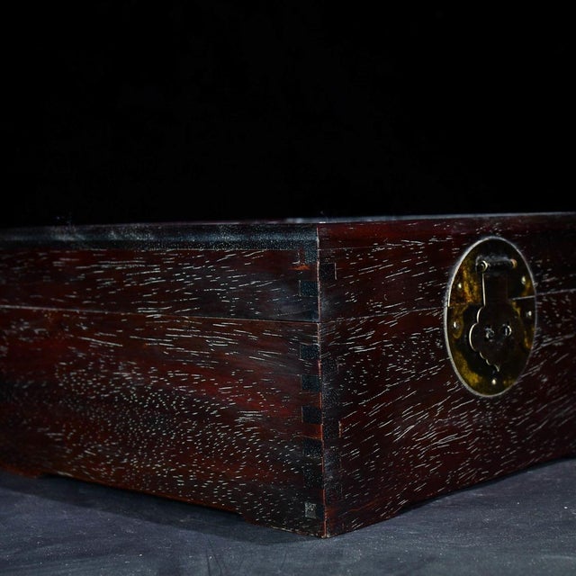 Vintage Chinese Zitan Wood Box With Deep Relief "Two Dragons" Carving For Sale - Image 9 of 9