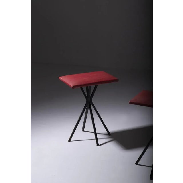 Metal Set of Vintage Italian Stools in Red Faux Leather, 1960 For Sale - Image 7 of 9