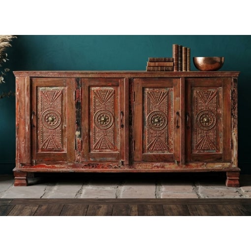 Wood Antique Ornate Carved 4-Door Sideboard | Vintage Wood Buffet Credenza For Sale - Image 7 of 7