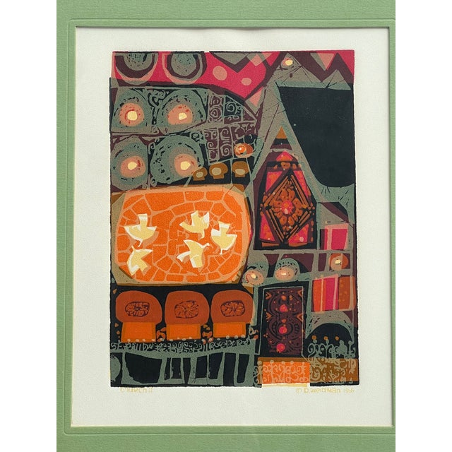 1969 Screen print , "CHURCH ll" by David Weidman in its original frame. Beautiful colors in it's mid century style. The...