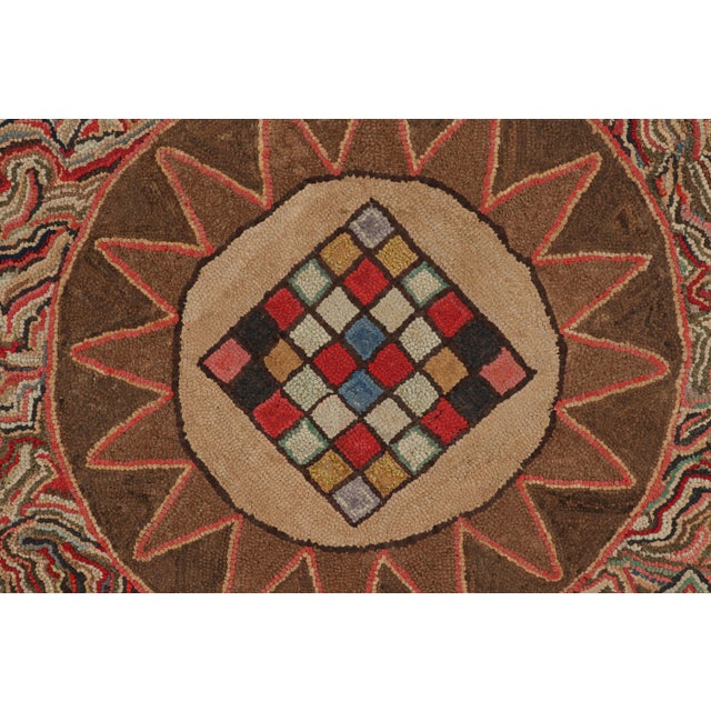 Textile Antique Framed Hooked Rug, Brown With Colorful Medallion Mosaic - Rug & Kilim For Sale - Image 7 of 7