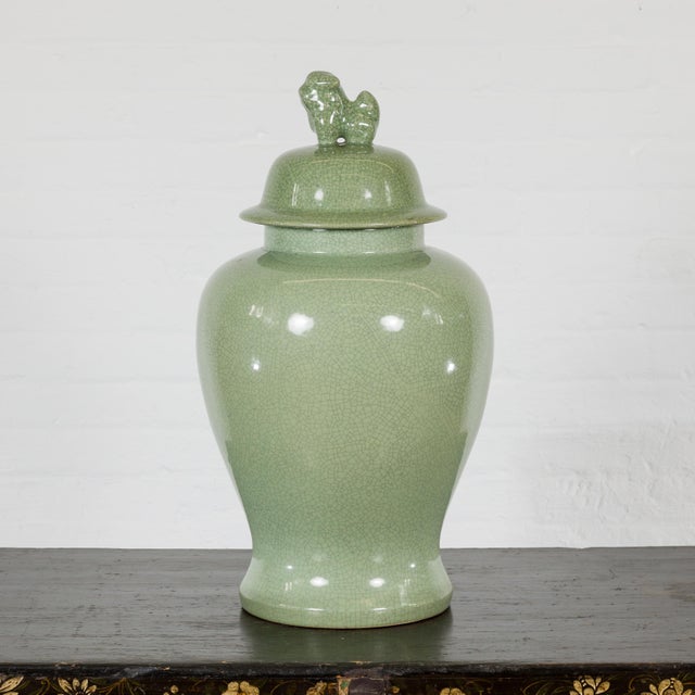 Chinese Crackle Green Celadon Lidded Vase with Stylized Foo Dog Finial For Sale - Image 3 of 12