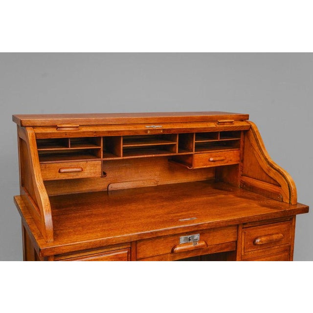 Wood Industrial Style Oak Roll-Top Desk, Early 20th Century For Sale - Image 7 of 18
