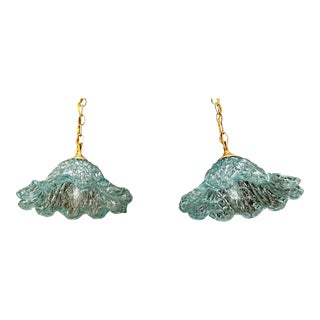 Pair Murano Blue Glass Tulip Shaped Light Pendant For Sale