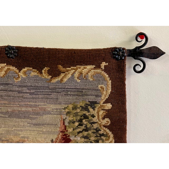 Brown Antique Tudor Style Petite Needlepoint Tapestry W/Wrought Iron Rod For Sale - Image 8 of 12