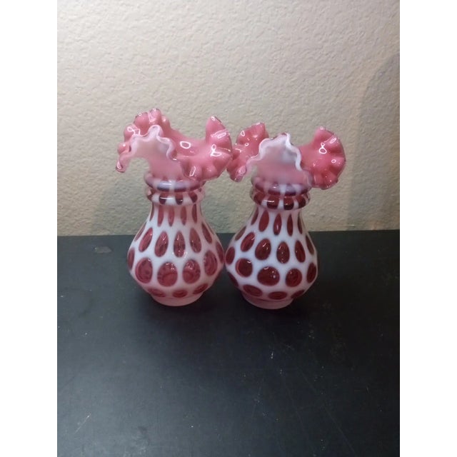 Pink 1960s Exquisite Pair of Fenton Cranberry Opalescent Coin Dot Crimped Edge Vases For Sale - Image 8 of 8