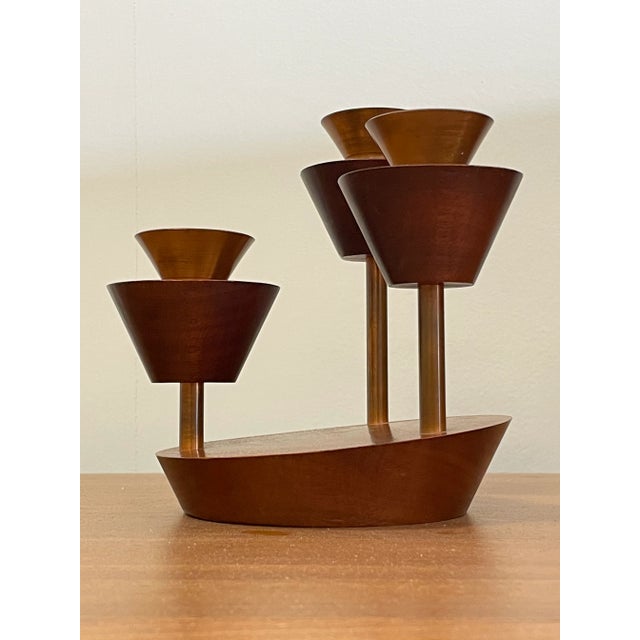 Unusual artisan made tiered candelabra in Walnut. Very good condition, with light wear. Signed to underneath in what...