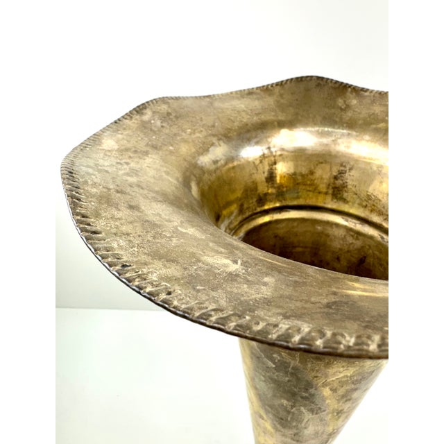 Farmhouse Antique Silver-Plated Tall Trumpet Vase With Fluted Rim For Sale - Image 3 of 11