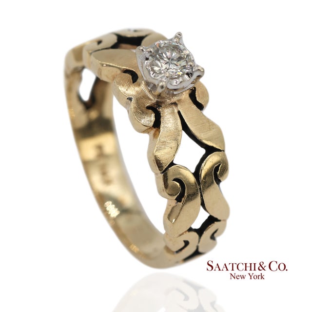 0.13 Ct Natural Diamond 14k Yellow Gold Openwork Scroll Design Ring, Size 5 For Sale In New York - Image 6 of 13