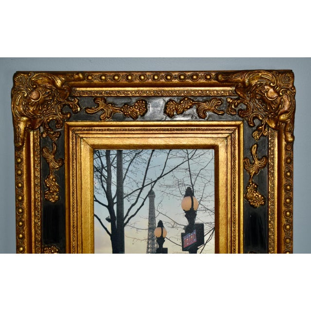 1980s Vtg. Parisian Scene Print in Ornate Black & Gold Rocco Style Frame For Sale - Image 5 of 13