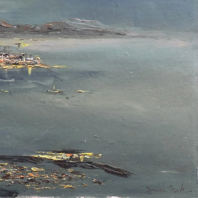 Signed lower right, 'James Mak' (American, 20th century) and painted circa 1975. A large, Modernist evening view of...