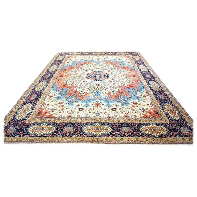 Antique Persian Tabriz Wool 10x13 Ivory, Blue & Salmon Handmade Area Rug #9902352 For Sale - Image 4 of 6