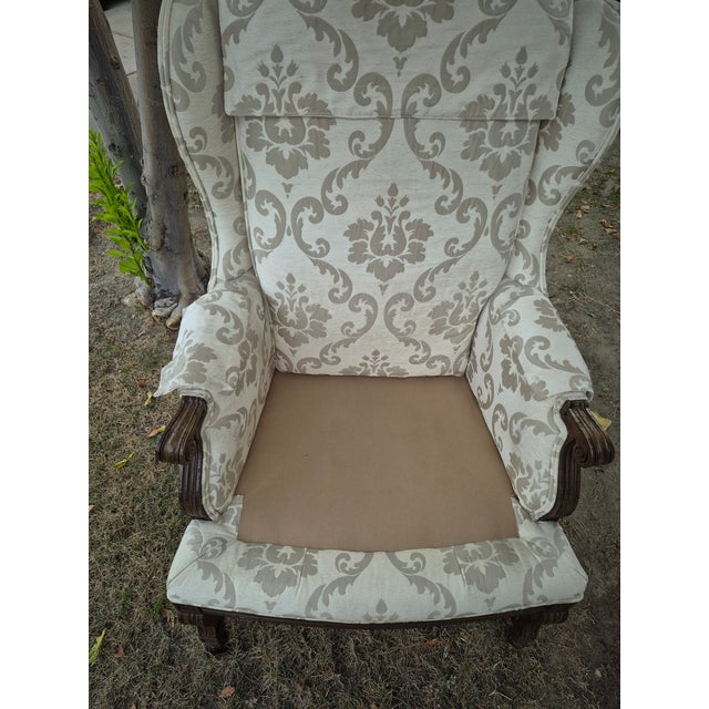 Mid 20th Century Traditional Queen Anne-Style High-Back Upholstered Wingback Armchair For Sale - Image 9 of 17