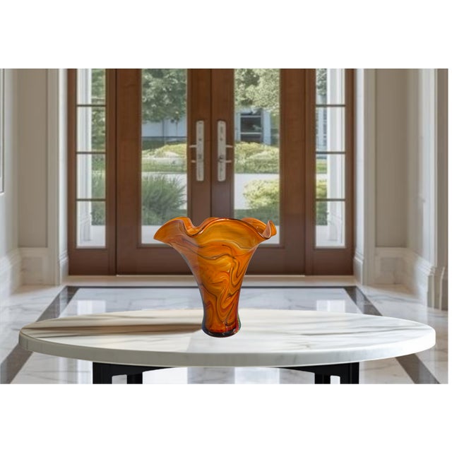 Orange Murano Missoni Style Art Glass Orange Fazoletto Filligrana Vase For Sale - Image 8 of 12