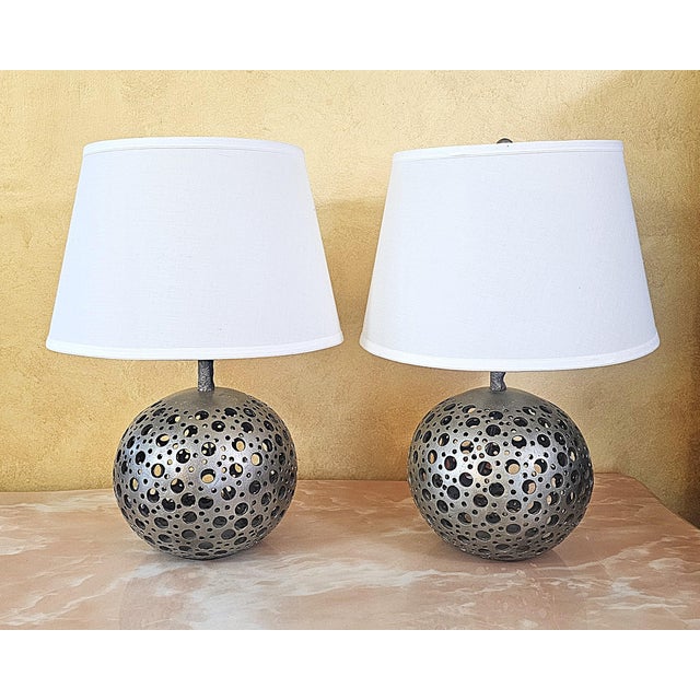 Contemporary Pair of Pierced Pewter Globe Table Lamps With Shades For Sale - Image 3 of 18