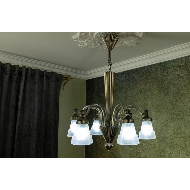 Art Deco French Bronze and Frosted White Glass Six-Light Chandelier, 1930s For Sale - Image 12 of 18