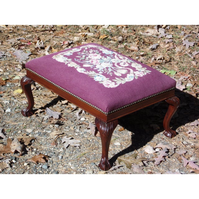 Queen Anne Vintage Solid Mahogany Floral Burgundy Needlepoint Footstool Queen Anne Ottoman For Sale - Image 3 of 10