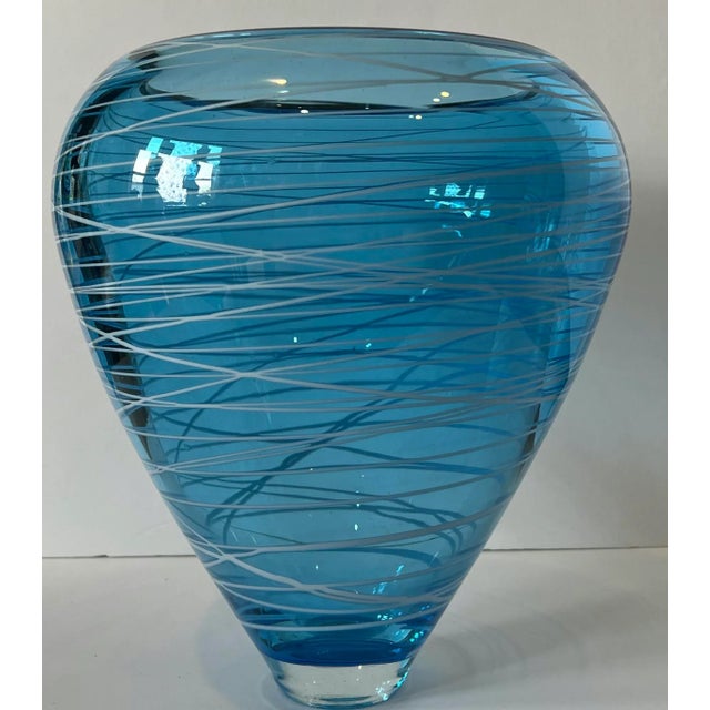 Murano Art Glass Vase Blue With White Swirls For Sale - Image 4 of 13