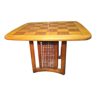 Vintage 1960's Caned Bottom Breakfast Table W/ Checkerboard Parquet Top For Sale