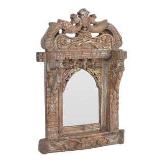 Antique Indian Carved and Painted Teakwood Window – Mirror For Sale