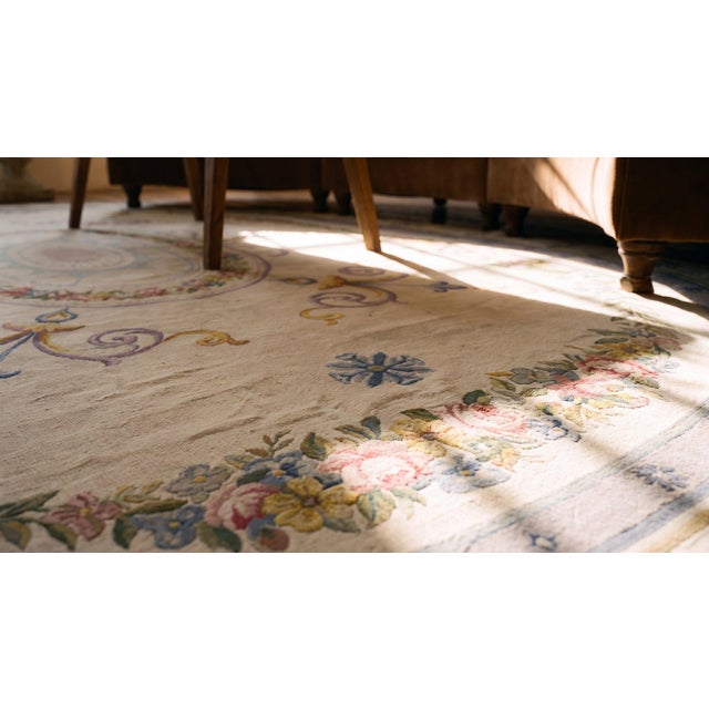 Exquisite Border Floral With White-Cream Background Color Oval French Neo Classical Aubusson Rug For Sale - Image 13 of 14