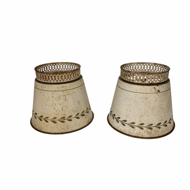 Vintage mid century tole lamp shades. These have a weathered look and would be suitable for many styles. Use the zoom...