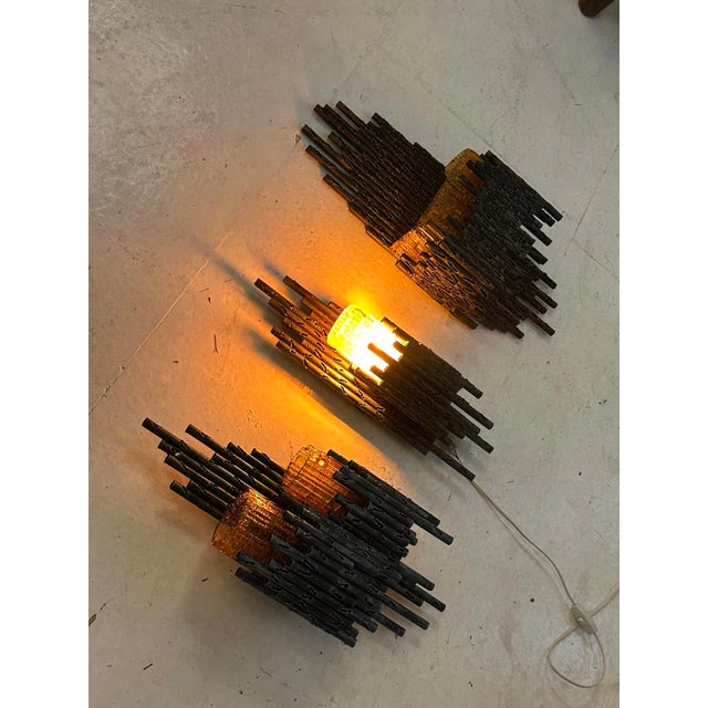 Brutalist Torched Steel and Amber Glass Sconces by Marcello Fantoni, Italy, 1970s, Set of 3 For Sale - Image 9 of 10