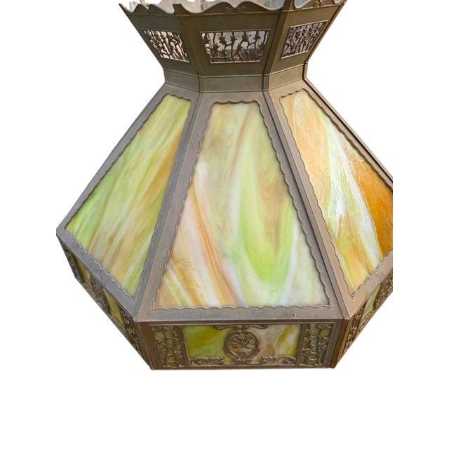 Antique Lamp Shade Green Slag Glass Hanging Light Chandelier Sarama For Sale - Image 13 of 18